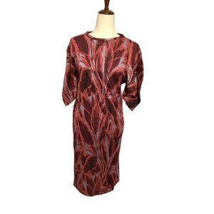 Zara Red Palm Jacquard Midi Dress Puff Sleeve SM
